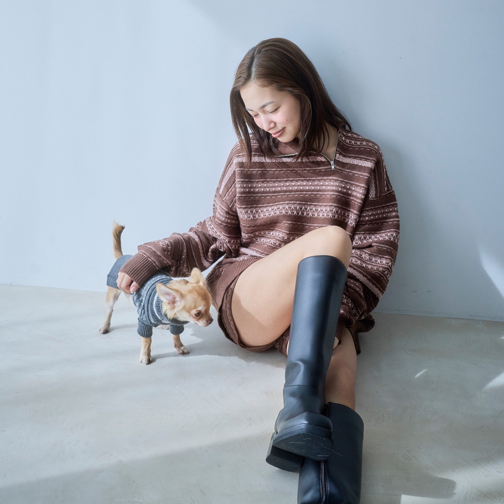 Jacquard knit zip high neck top