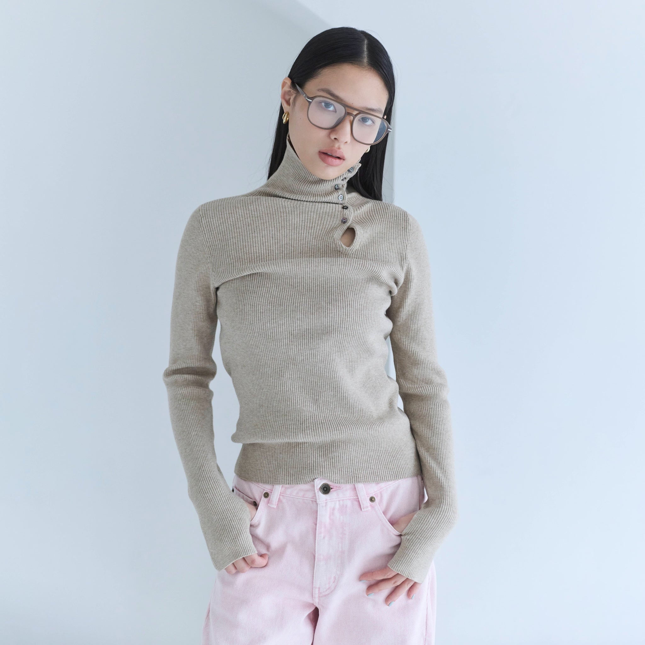 Petitボタンマルチネックニットトップス