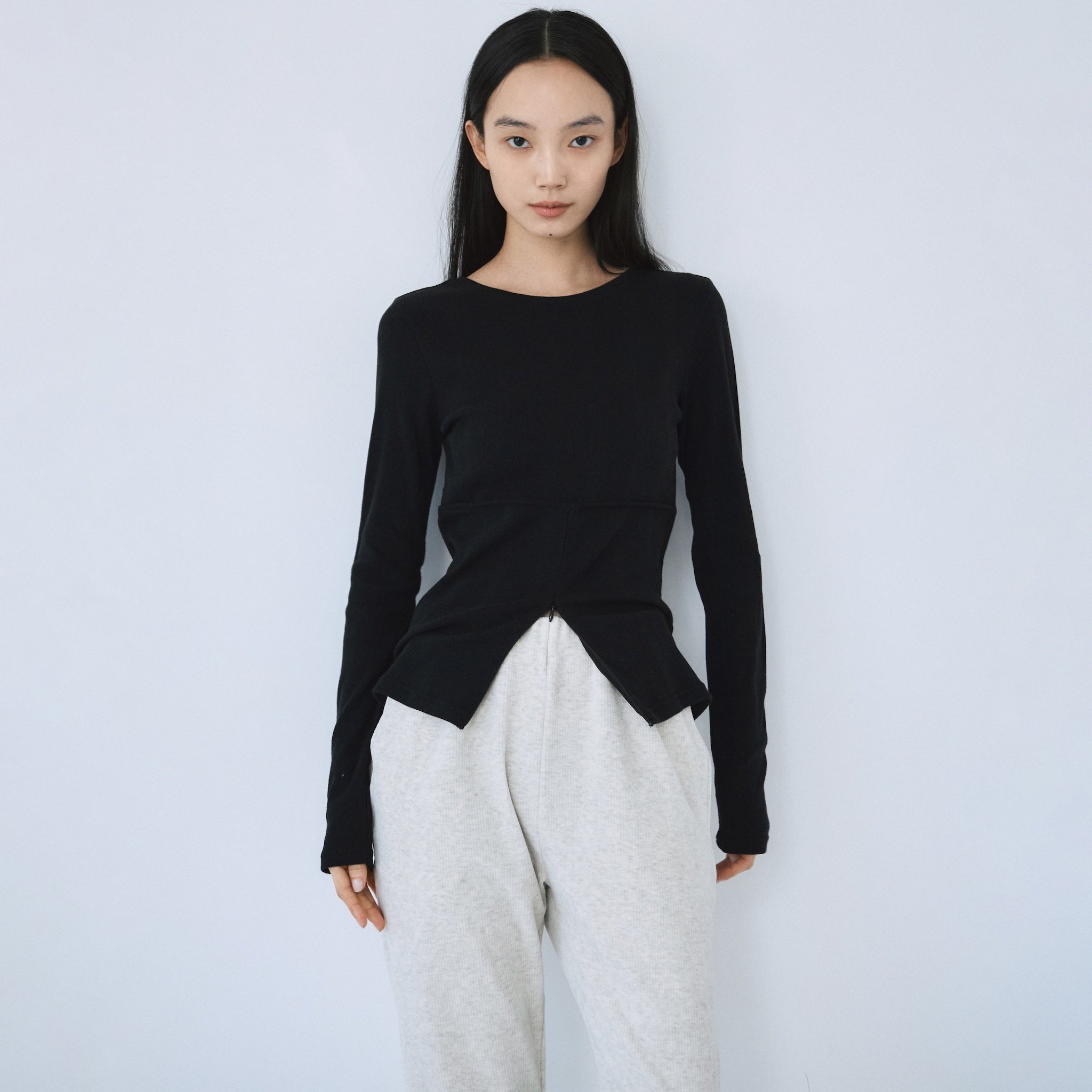 Soft sheerランダムRIB BackOpenトップス