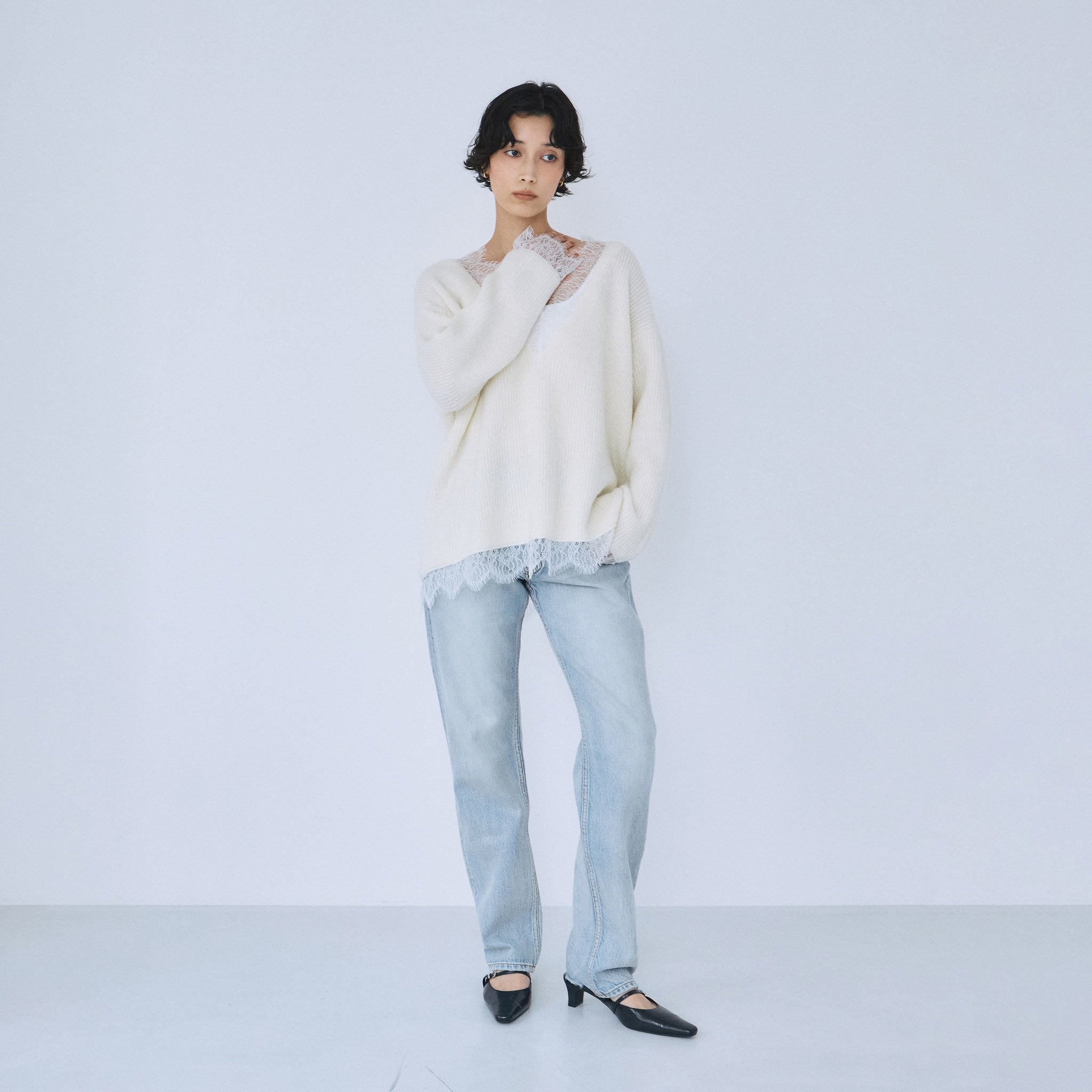 searoomlynn 】Eye Lash Laceニットトップス グレー Eye Lash Lace