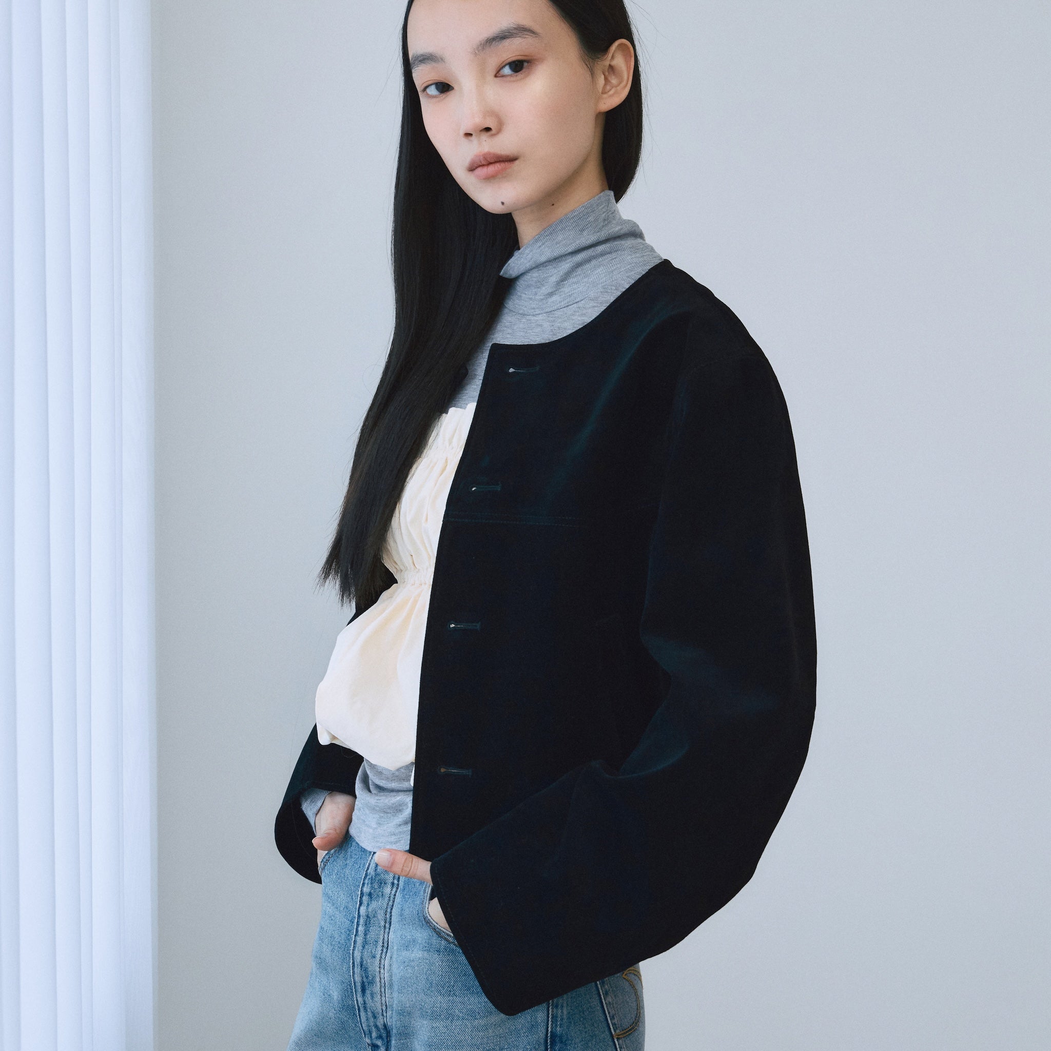 Fake suedeノーカラージャケット