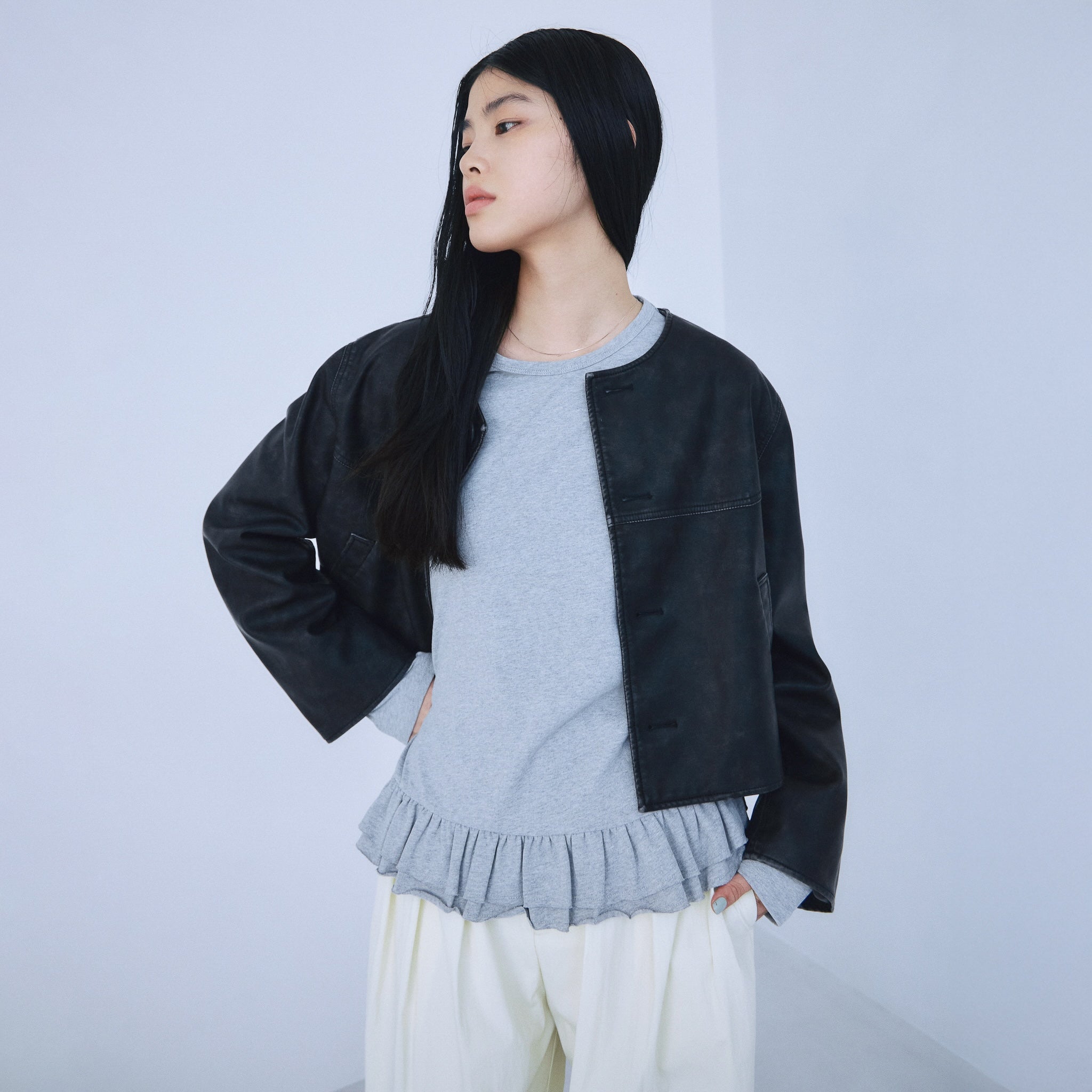 Fake suede collarless jacket