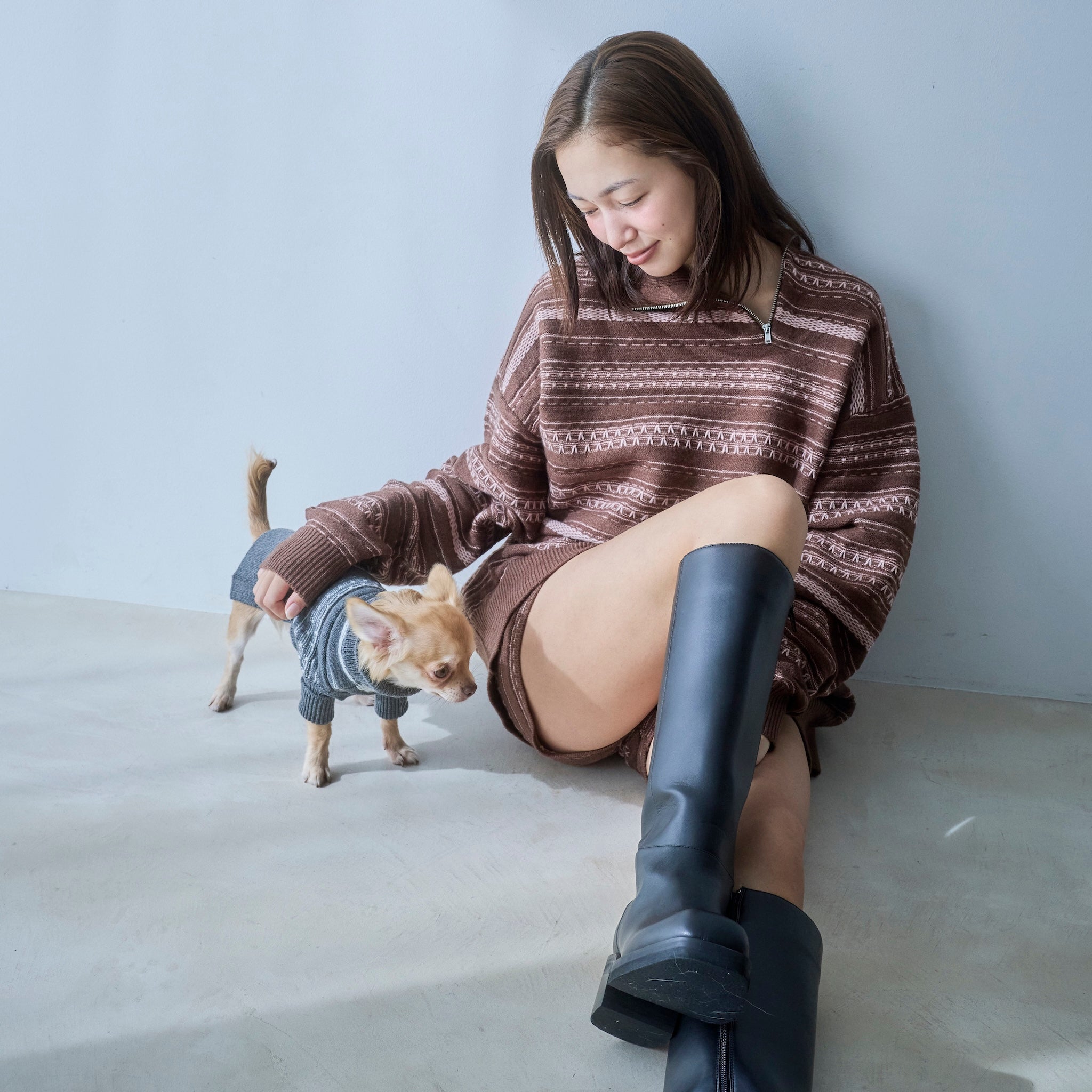 カトリーヌアンドレ　ジャガードニット　リバーシブルマフラー　シリアルナンバー入り Vネックシャギーニットトップス×マフラーアンサンブル[dr759 小物