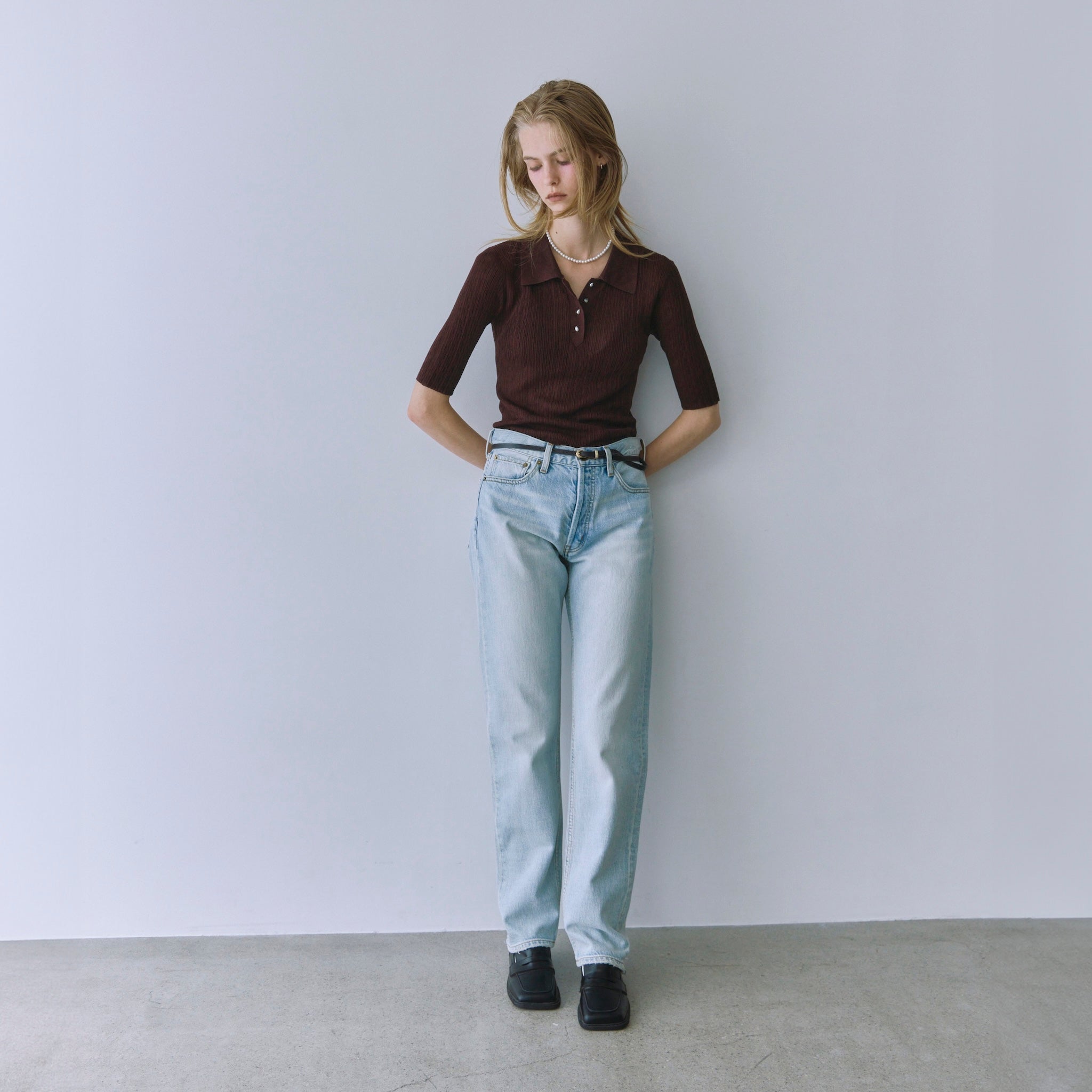 Pearl button random RIB sheer knit