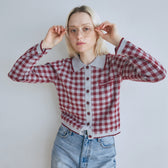 Gingham check collar knit cardigan