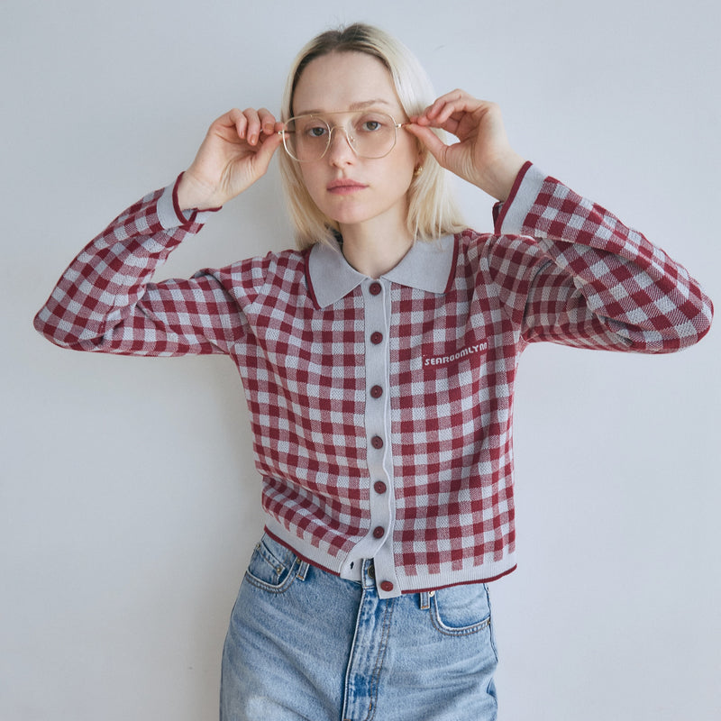 Gingham check collar knit cardigan
