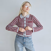 Gingham check collar knit cardigan