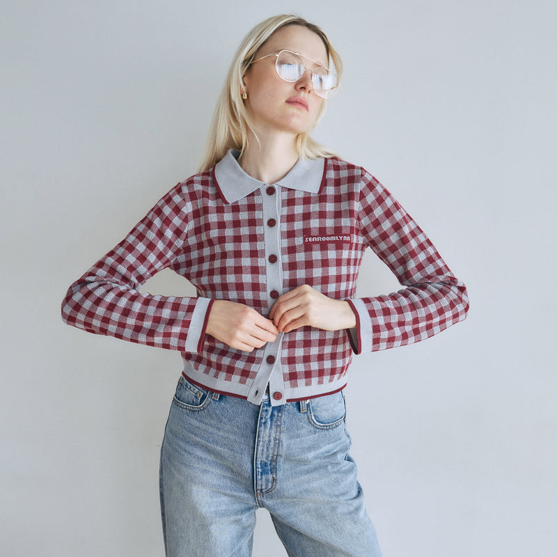 Gingham check collar knit cardigan