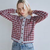 Gingham check collar knit cardigan