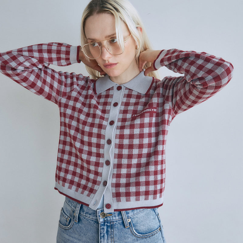Gingham check collar knit cardigan