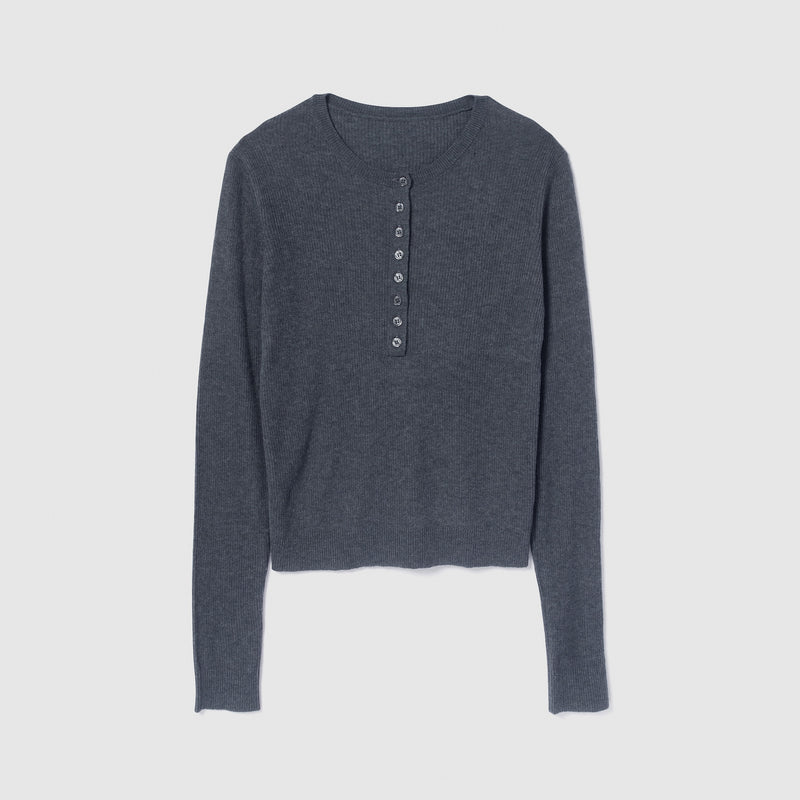 Henley Neck Ribbed Knit Pullover